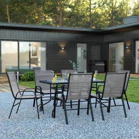FLASH FURNITURE 7PC Patio Set-55" Glass Table, 6 Gray Chairs TLH-089REC-303CGY6-GG